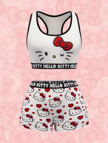 HELLO KITTY AND FRIENDS | SHEIN 女士撞色滚边圆领无袖可爱卡通印花内衣套装 - 紅白色 - 查看 1