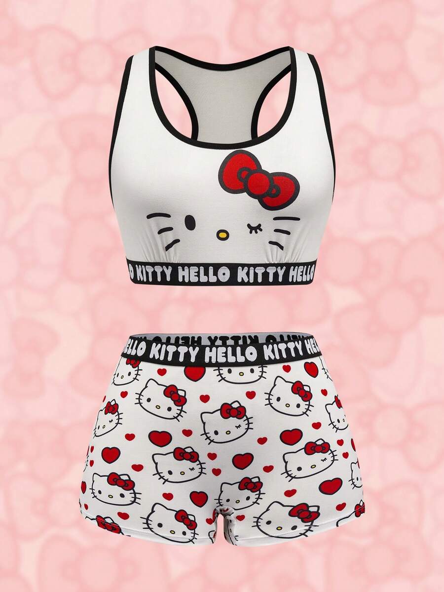 HELLO KITTY AND FRIENDS | SHEIN 女士撞色滚边圆领无袖可爱卡通印花内衣套装 - 紅白色 - 查看 1