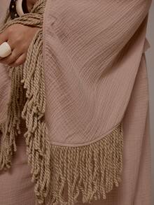 MUSERA Plus Size Cheesecloth Plunge Wrap Front Fringed Long Sleeve Top,Dusty Pink,Autumn,Boho,Vacation,Holiday Beach Elegant Ibiza Festival Tajine Y2K Social - Apricot - View 6