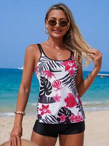 Swim Lushoire Spring/Summer New Leaf Print Round Neck Tankini Swimwear Set With Skirt Bottom, Mature & Conservative - Multicolor - View 3