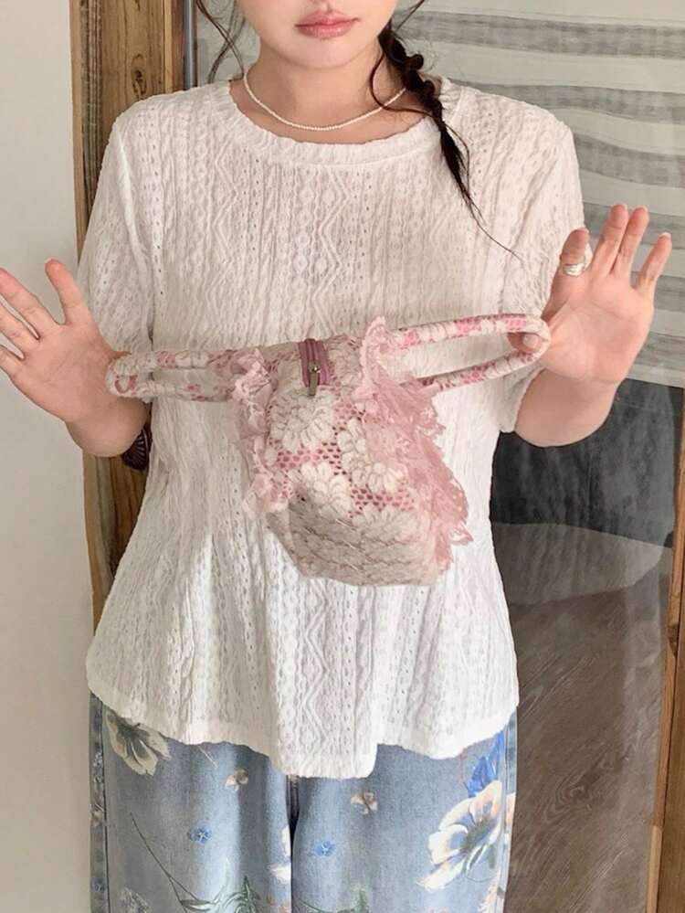 Dazy Plus Plus Size Casual Solid Color Textured Short Sleeve T-Shirt, Summer Graphic Tees Women