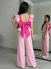 SHEIN 少女撞色蝴蝶结荷叶边阔腿连体裤 - 粉色 - 查看 10