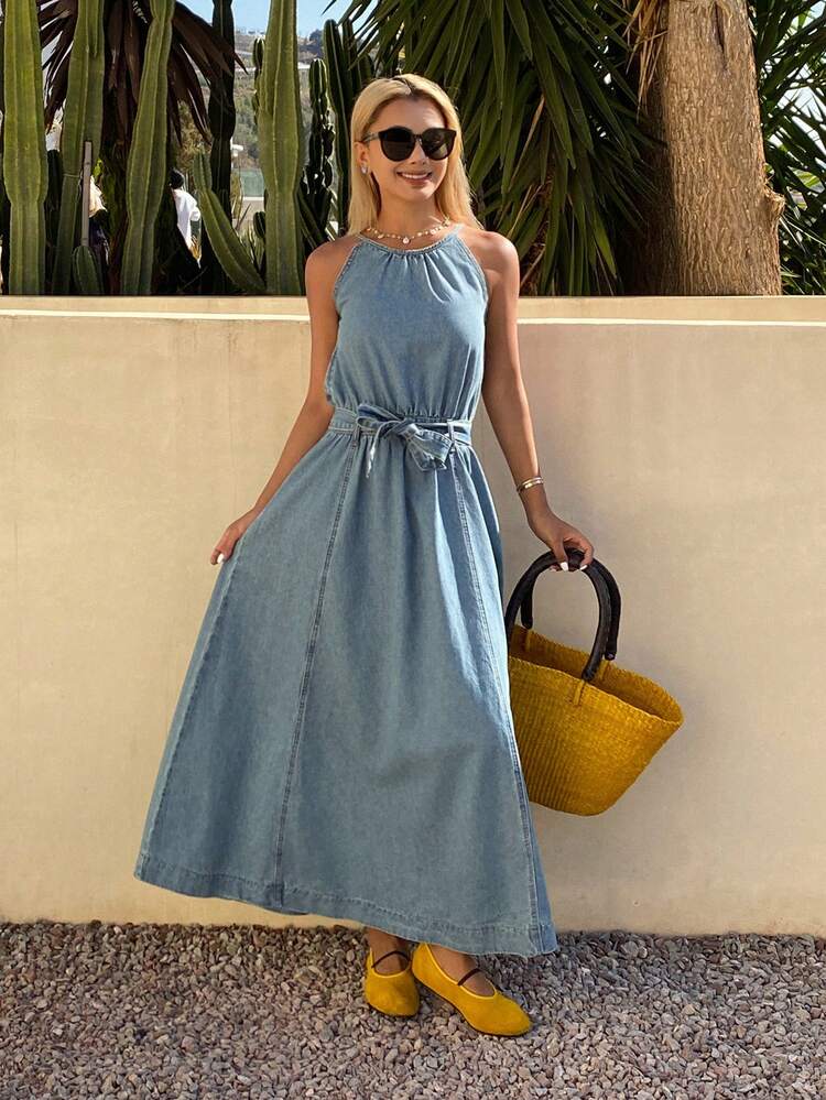 Women's Summer Round Neck Sleeveless Waist Cinched Long Casual Vacation Denim Dress