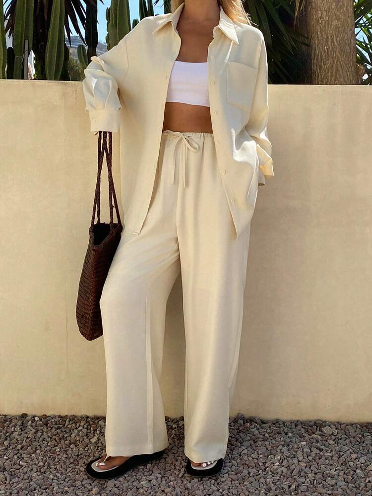 Women's Lapel Long Sleeve Pocket Decor Loose Open Front Shirt And Pants Two Pieces Casual Suit