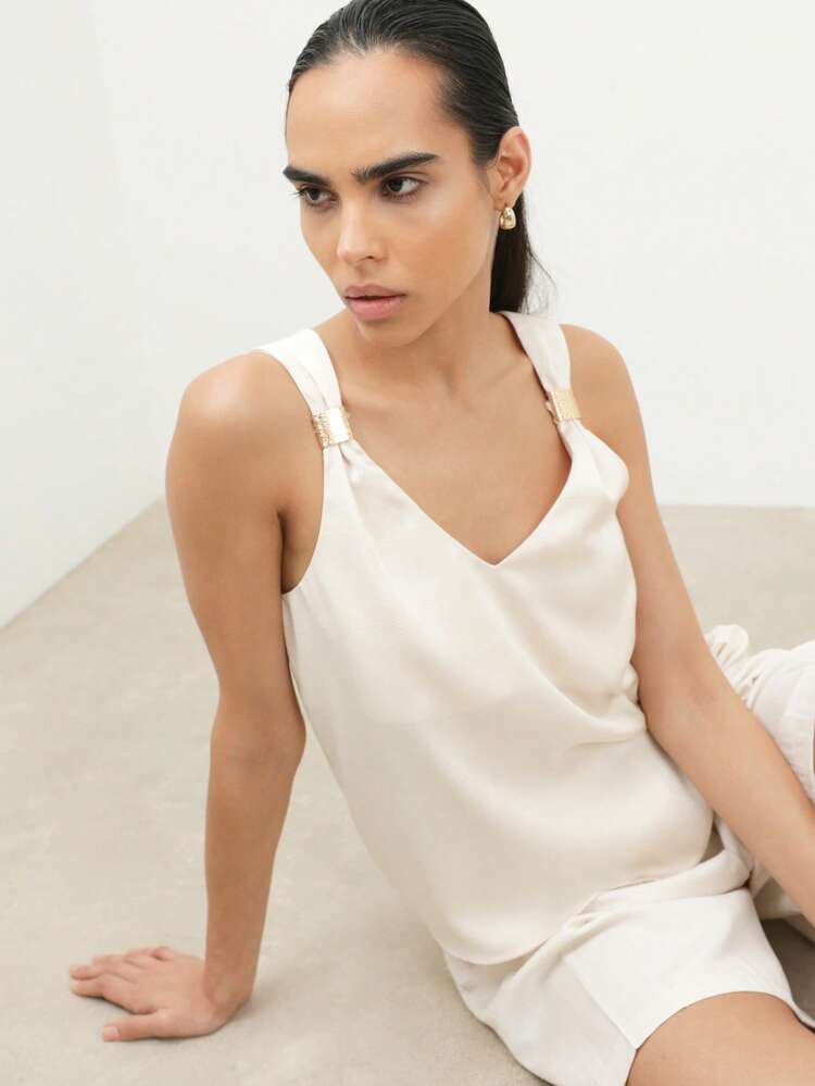 KSTM Ärmelloses V-Ausschnitt Trägertop mit Metallschnallen Sommer Lässig Camisole für Frauen