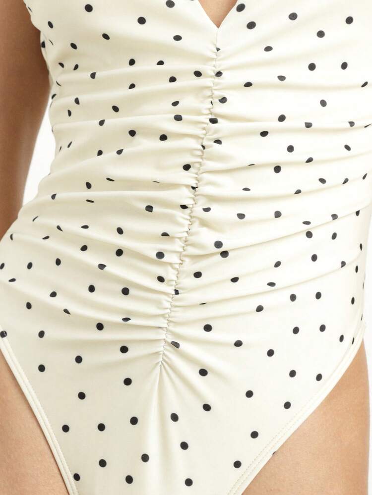 KSTM Ruched Deep V Neck One Piece Swimsuit With Polka Dot Print Summer Beach Pool Vacation Swimwear