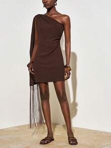 Zivah Đầm ngắn dáng chữ A, chất liệu vải lanh pha, kiểu dáng mới mùa hè, lệch vai, thắt nơ tua rua. - màu nâu - Xem 5