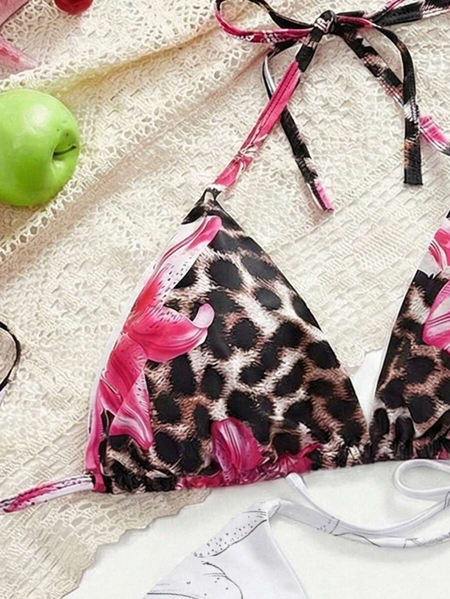SHEIN Swim Curve Baju Renang Wanita Ukuran Besar 1 potong Motif Bunga Leher Halter 2 potong Atasan - Putih - View 1
