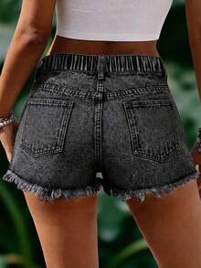 EMERY ROSE Plus Size Women's Casual Denim Frayed Hem Shorts - Light Grey - View 2