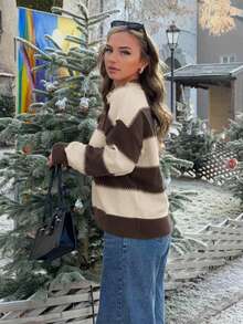 Jeta Ari 条纹宽松圆领女式毛衣，长袖，秋季女装 - 咖啡棕 - 查看 4