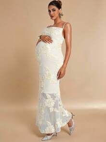 MaterniChic 孕妇无袖修身长裙，优雅时尚 - 杏色 - 查看 9