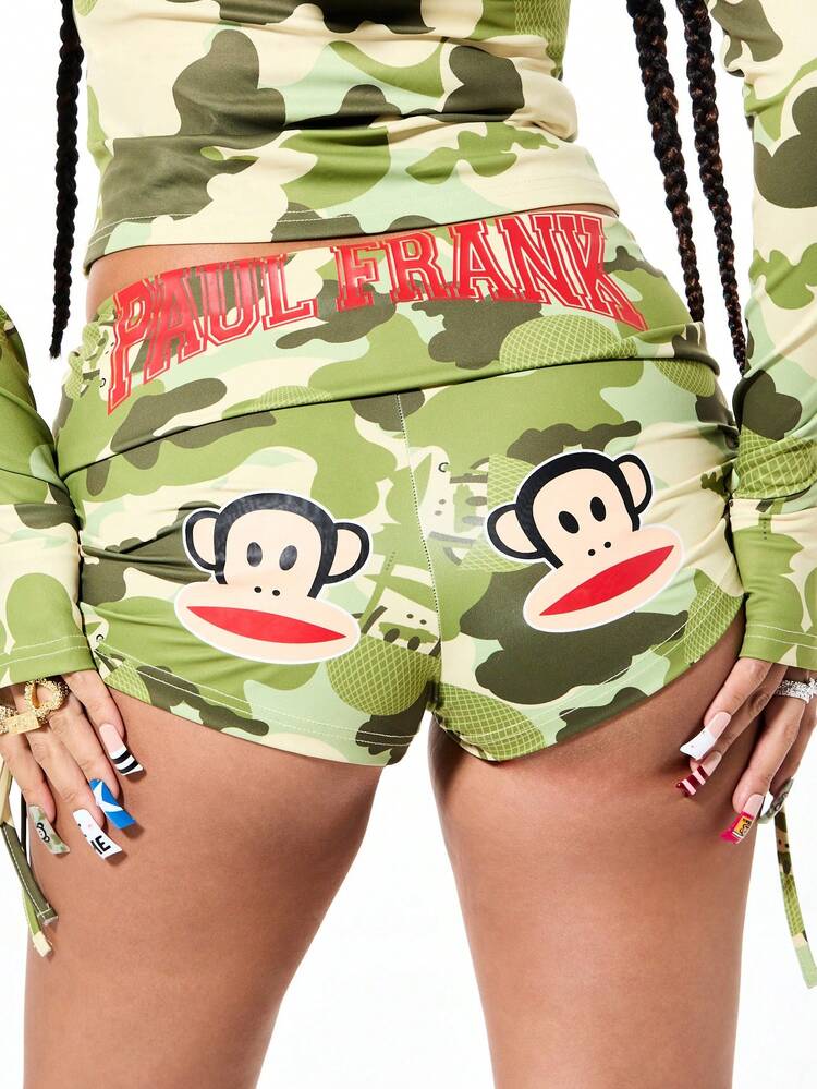 SUMWON Women's Camouflage Ruched Side Detail Booty Shorts With Monkey Print High Waisted Mini Hot Pants Summer Festival Streetwear