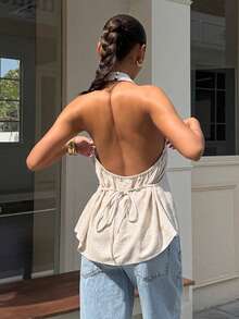 SHEIN EZwear Summer Tops Women's Office Outfits For Women Linen Tie-Up Turtleneck Backless Camisole With Sleeveless Backless Wrap-Around Asymmetrical Hemelegant Women's Blouses - Apricot - View 2