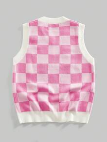 ROMWE MEN 复古棋盘格刺绣图案针织宽松背心 - 粉色 - 查看 3