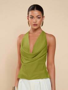 COSMINA Women's Solid Color Draped Neck Backless Sleeveless Summer Fashion Tank Top - Army Green - View 4