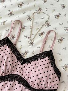 SHEIN 少女黑白波点蕾丝吊带背心，优雅白色蕾丝边吊带背心，适合夏季、度假、休闲、居家穿着，BM风格 - 粉色 - 查看 3