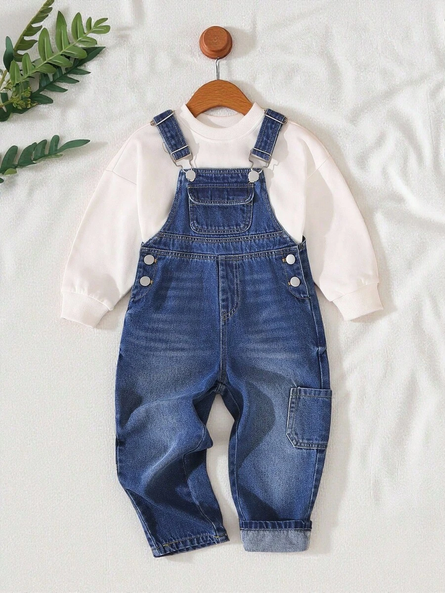 SHEIN Vintaside Kids Young Boy Casual Pocket Design Comfortable Fashion Overall Suspender Pants Chic Outfits For Autumn/Winter - Medium Wash - View 1