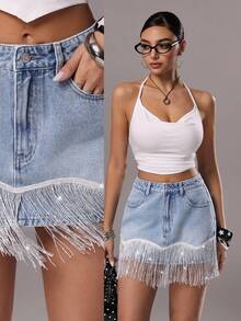 TRNVIE 女士时尚流苏边牛仔迷你裙 - 淺色水洗藍 - 查看 4