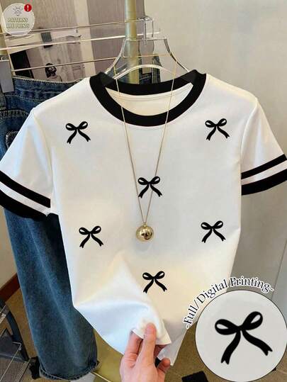 SHEIN Young Girl Bow Print Graphic Loose Casual Contrast Color Block Striped Round Neck T-Shirt Top, Suitable For Summer, Daily Wear, Back To School, Matching With Sisters, Vacation, Valentine's Day, Y2K, , White Top, Y2K Clothes, Cozy Fall & Winter Styles, Fall New Style, Winter Grace, Vacay Vibes, Winter Fashion AU, Easy Comfort