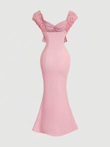 SHEIN MOD 女士夏季简约纯色荷叶边连衣裙 - 粉色 - 查看 5