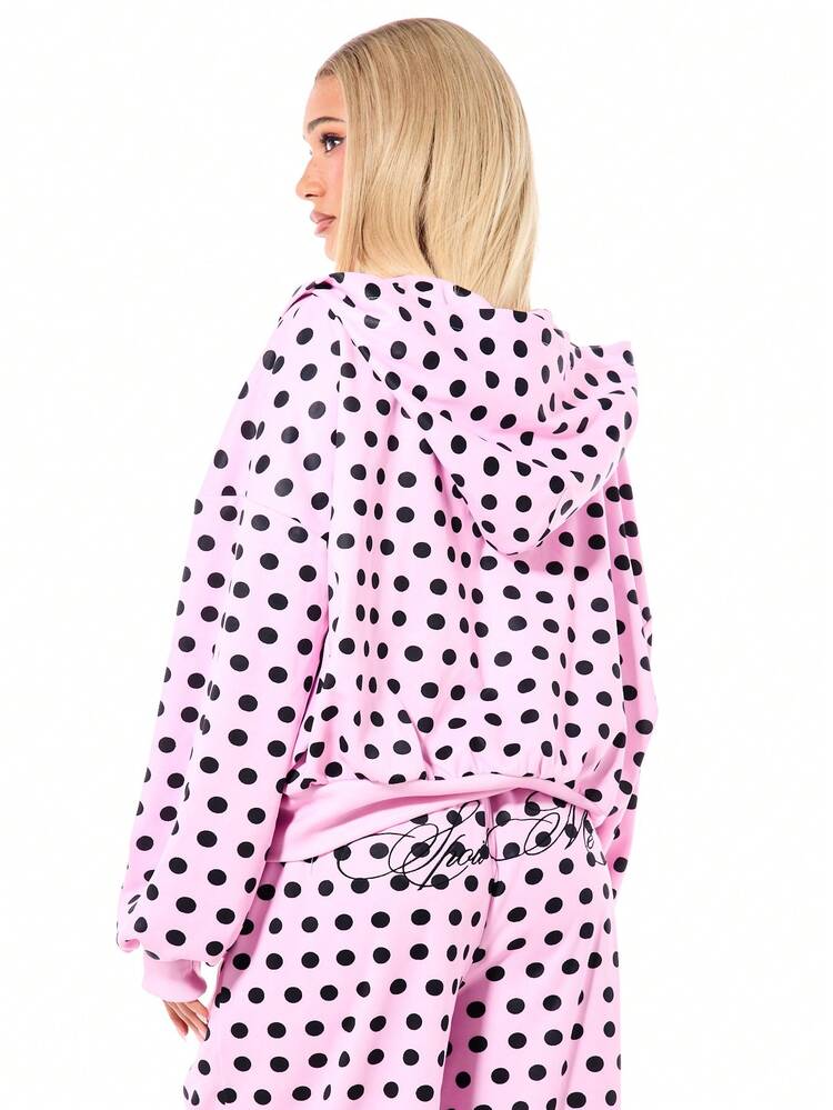 SUMWON Luźna, rozpinana bluza z kapturem w kontrastowym kolorze z nadrukiem w kropki, idealna na zimową, jesienną odzież warstwową