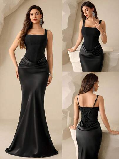 Coutiva Women's Solid Color Square Neck Sleeveless High-End Evening Dress, Elegant And Luxurious Formal Gown