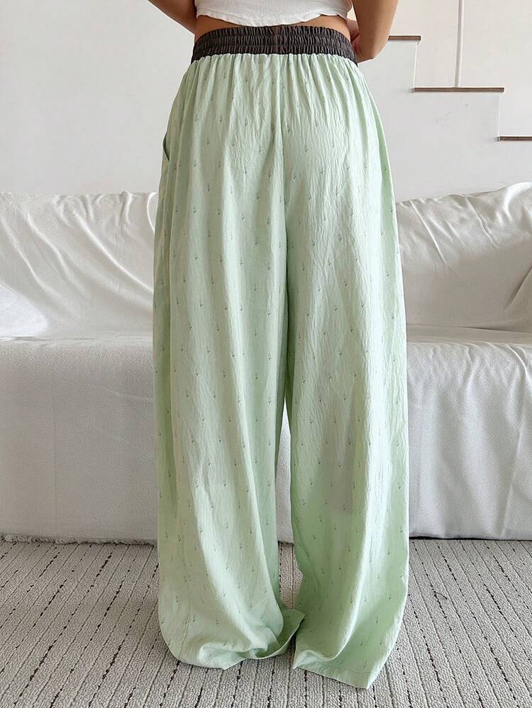 Floral Patchwork Waistband Loose Women Pajama Bottoms