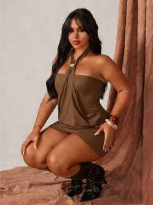 Rustia Conjunto de vestido con top corto sin tirantes y minifalda ajustado de estilo americano para mujer - Marrón Chocolate - Ver 7
