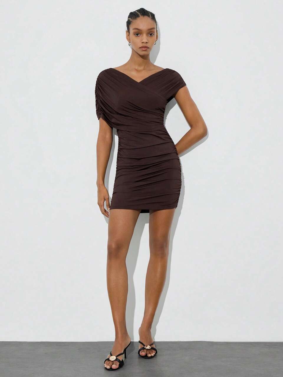 SHEIN Maija Women's Elegant Dark Brown Summer V-Neck Ruched Mini Dress,Body Fitting Pleated Solid Color Date Night Outfits,Beach Vacation Graduation Party Dress