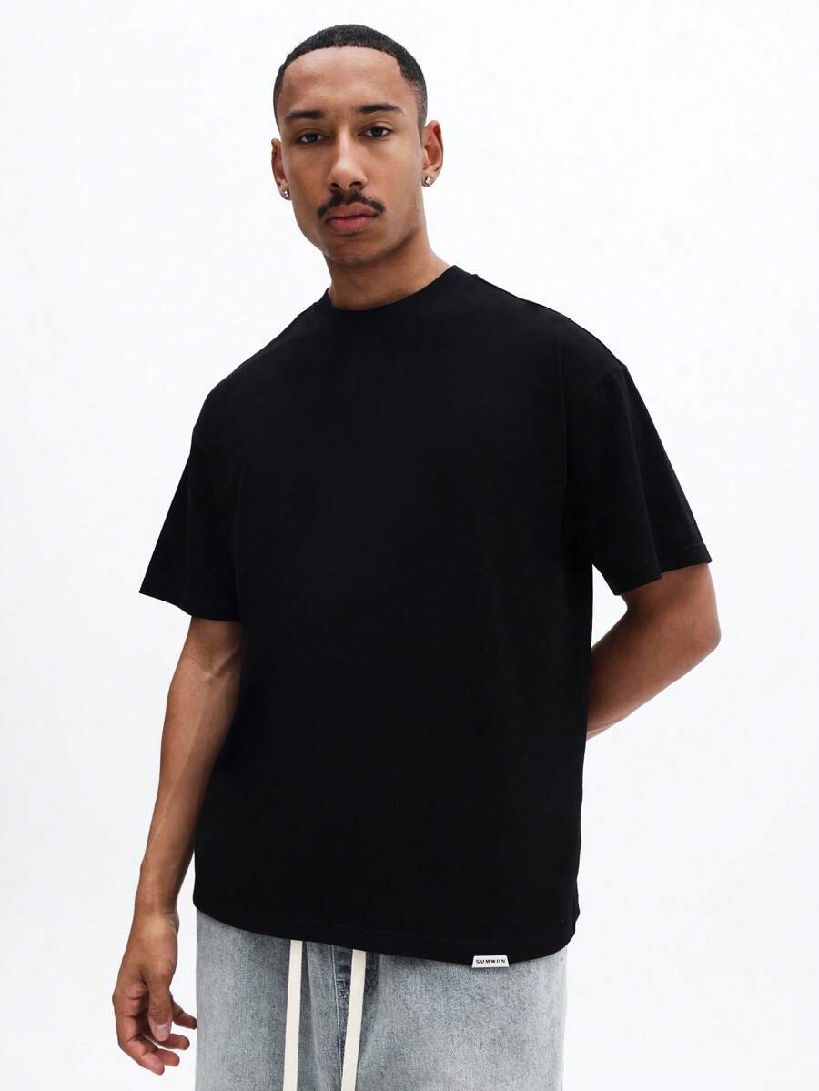 SUMWON 男士黑色宽松圆领短袖纯棉T恤，休闲街头风基础款，春夏日常舒适版型上衣 - 黑色 - 查看 1