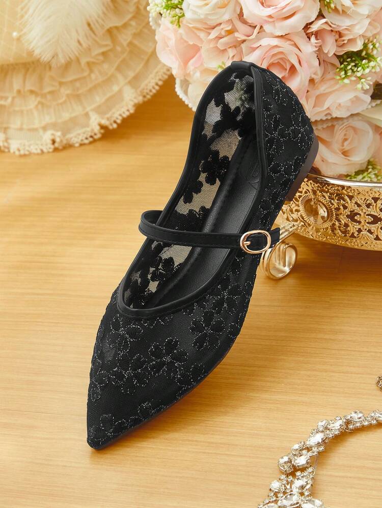 CUCCOO HITCHD Pointed Toe Mesh Breathable Lace Mary Jane Shoes, Elegant Lady-Like Versatile Black Shoes Wedding Shoes Spring Shoes Bride Shoes