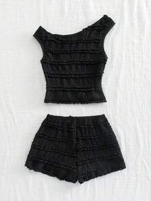 SHEIN Conjunto de 2 piezas para niña preadolescente de vacaciones primavera/verano: Top corto asimétrico de hombro de punto texturizado y shorts - Negro - Ver 2