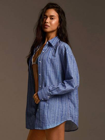 Athîral Camisa casual versátil de manga larga con hombros caídos y botones con estampado de cuadros para mujer