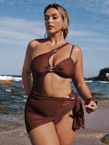 SHEIN BAE Plus Size Hollow Out One-Piece Swimsuit For Beach & Vacation Plus Size Bathing Suits Women - Brown - View 3