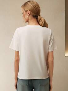 Anewsta Sequin Applique Bubble Sleeve White Crew Neck T-Shirt - White - View 3