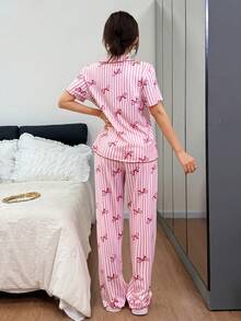 Napfluff Bộ đồ ngủ nữ in họa tiết sọc và nơ, viền tương phản. - Hồng - Xem 3