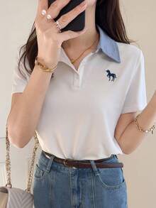 FRIFUL 女士夏季休闲独角兽刺绣撞色Polo领短袖T恤 - 白色 - 查看 5