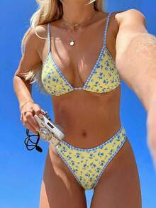 Swim Mod Strawberry Print Spaghetti Strap Triangle Cup High Cut Bottoms Bikini Set, Sweet Beach Vacation - Multicolor - View 1