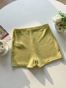 Comfortcana Pale Yellow Women's Ribbed Super Short Leggings - Pale Yellow - View 3