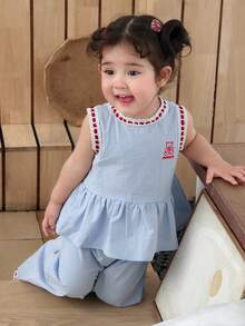 Dazy Kids Bộ 2 món áo và quần không tay cổ tròn kiểu Hàn Quốc viền bèo cho bé gái sơ sinh/trẻ nhỏ - Màu xanh lam - Xem 9