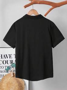 SHEIN 男童休闲舒适撞色短袖衬衫 - 黑色 - 查看 2