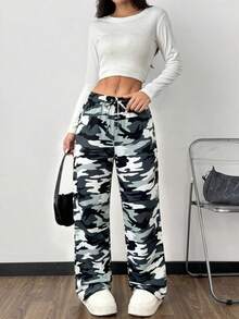 SHEIN EZwear Women's Knit Casual Camo Print Wide Leg Pants - Black and White - View 6