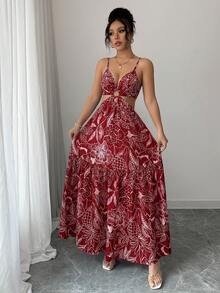 Elenzga 女士印花收腰中长连衣裙，适合度假、日常穿着和通勤 - 玫瑰紅 - 查看 5
