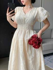 DAZY Women's V-Neck Short Sleeve Textured Fabric Dress, Elegant - White - View 7