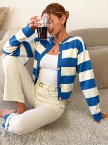 SHEIN Cottnline Cárdigan corto casual con bloques de color y rayas para mujer, para primavera y otoño - Agua verde azul - Ver 4