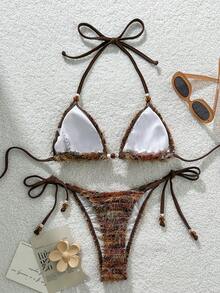 Swim Vcay 2 Stücke Damen Bademode Set, neues Frühjahr/Sommer Design, flauschiger Stoff mit Perlendekor, Neckholder Bikini-Top und seitlich gebundene sexy Strand-Shorts, geeignet für Strand, Resort, Schwimmbad - Braun - Übersicht 2