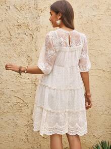 Boho Mama Maternity Embroidered Mesh Petal Sleeve Elegant Dress - Apricot - View 2