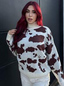 Bearsaez Novo suéter marrom de outono, roupas femininas, outono, casual, gola alta, textura de leite, suéter com estampa de vaca, outono/inverno, suéter marrom feminino, suéter de inverno, suéter de outono, blusa com estampa de leopardo - Multicolorido - Ver 1