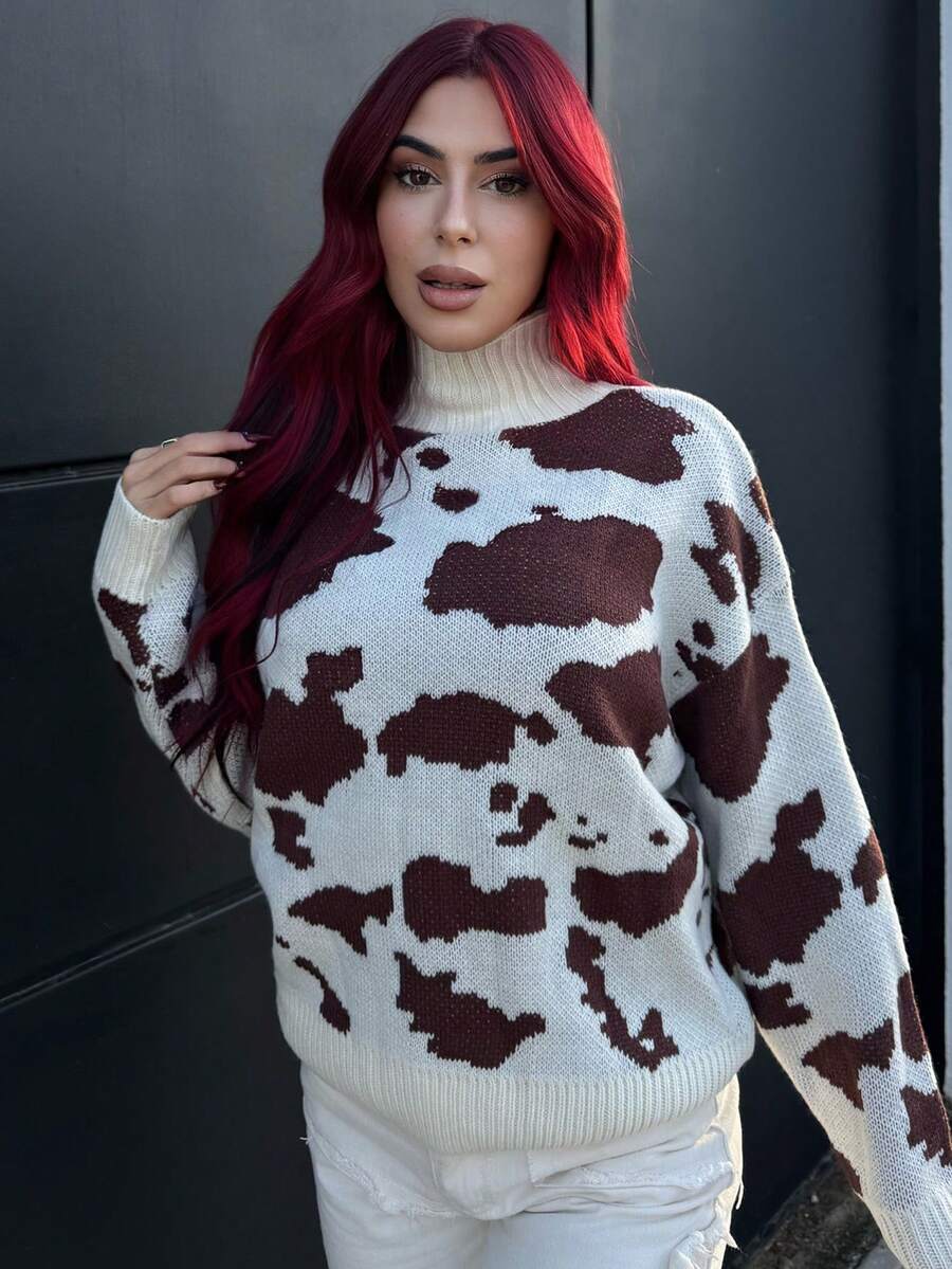 Bearsaez Novo suéter marrom de outono, roupas femininas, outono, casual, gola alta, textura de leite, suéter com estampa de vaca, outono/inverno, suéter marrom feminino, suéter de inverno, suéter de outono, blusa com estampa de leopardo - Multicolorido - Ver 1