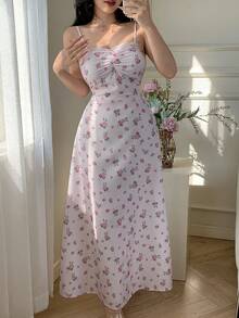 Celisse Women's Contrast Lace Floral Pattern Ruffle Elegant Camisole Dress - Pink - View 5